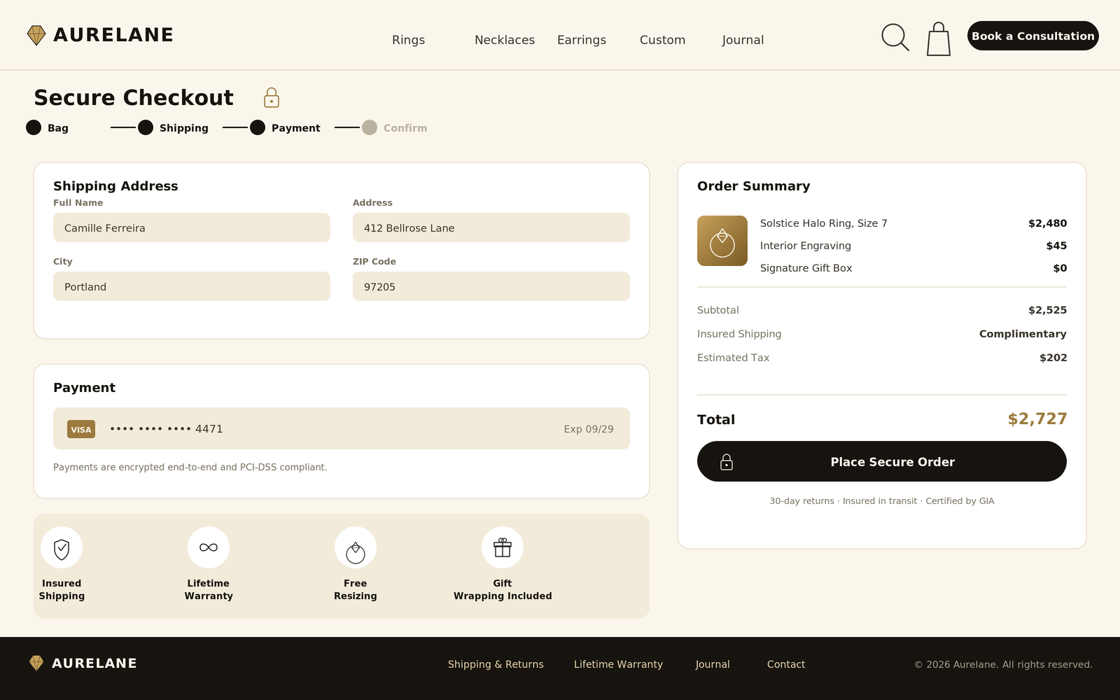 Secure checkout page with shipping and payment forms, order summary, and a white-glove service band covering insurance, warranty, resizing, and gift wrapping.