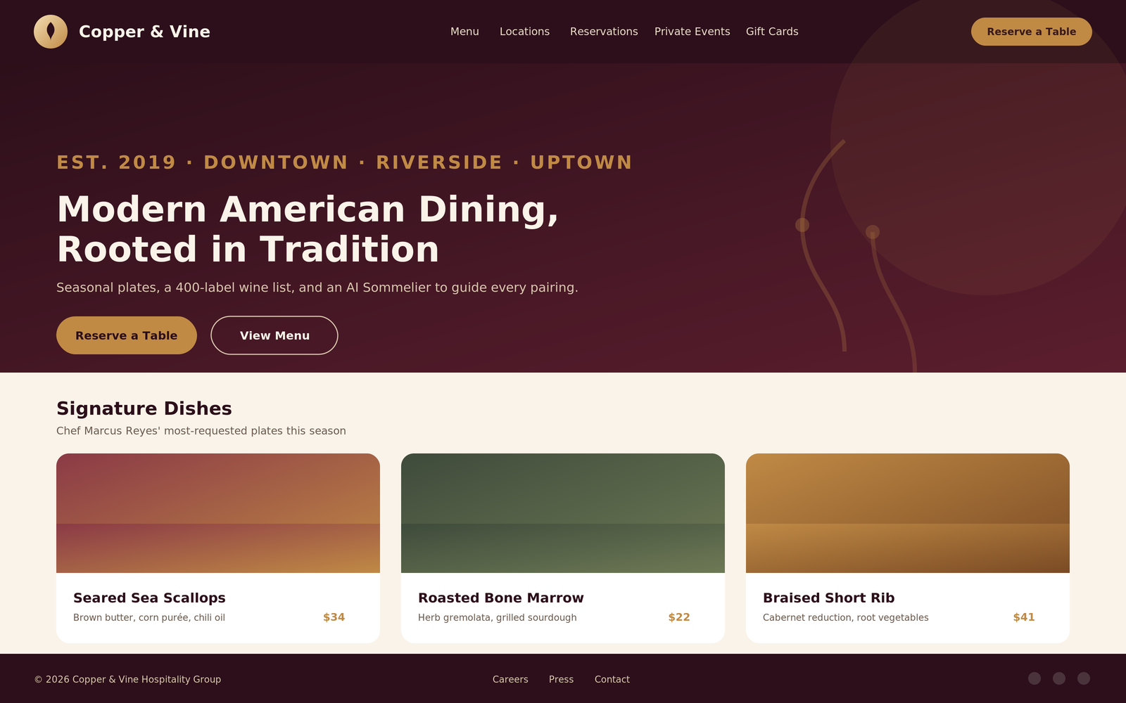 Copper & Vine homepage hero with location navigation and signature dish cards