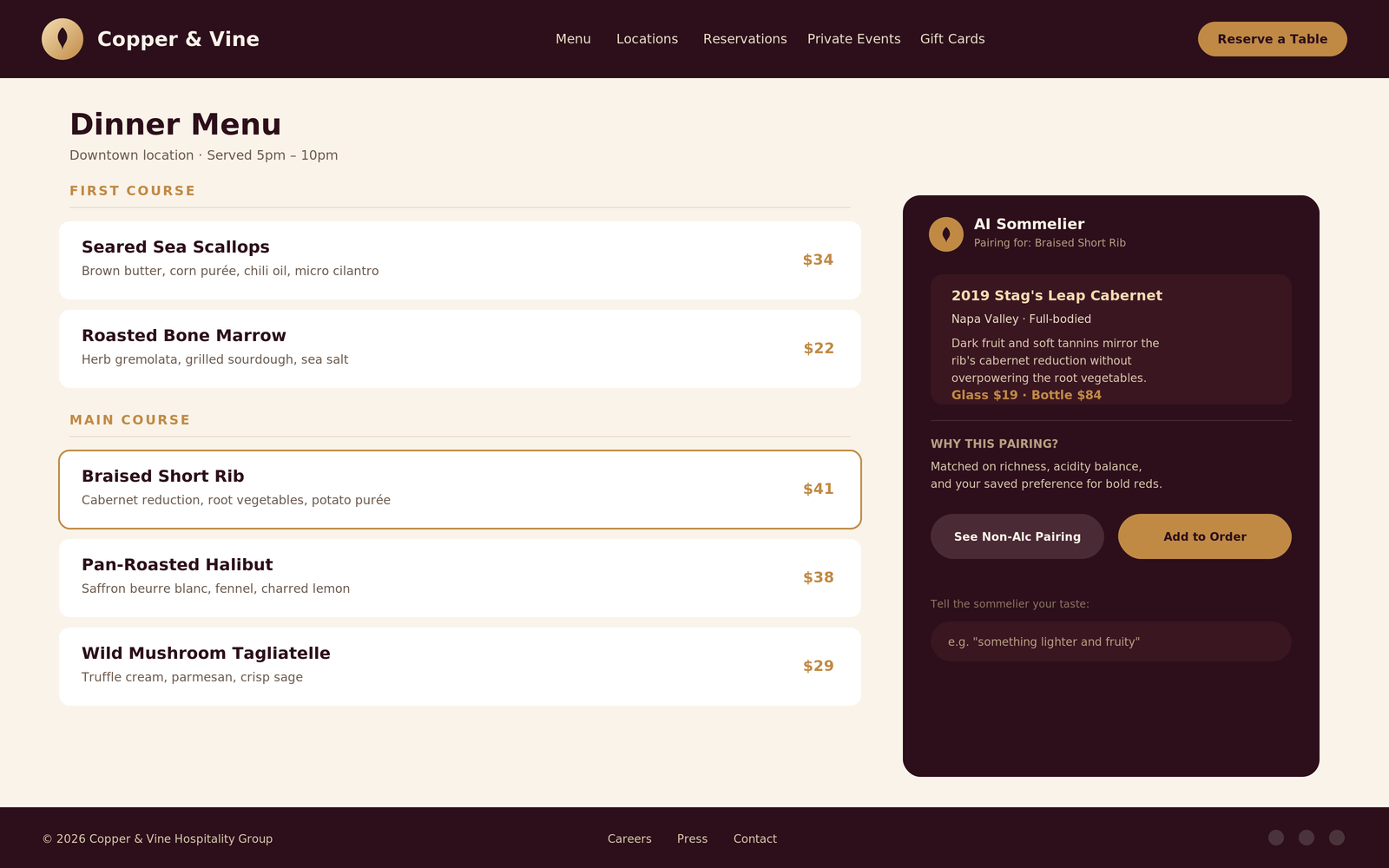 Dinner menu page with an AI Sommelier pairing panel suggesting a wine for the selected dish