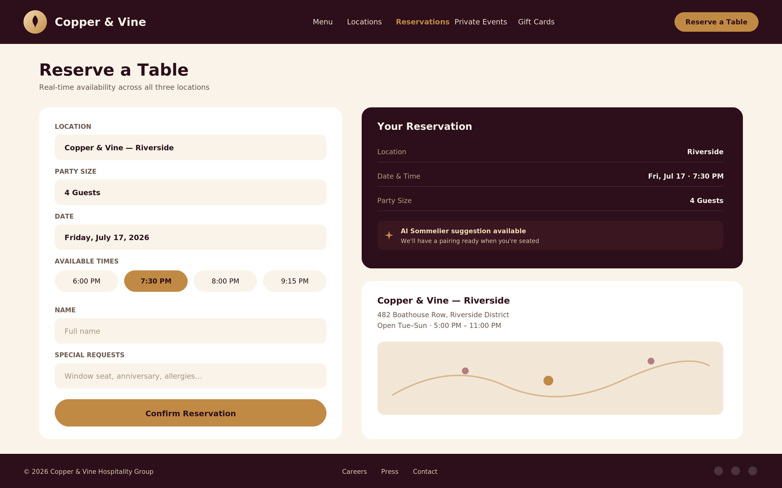 Reservation page with date, time, and party-size picker and a live booking summary