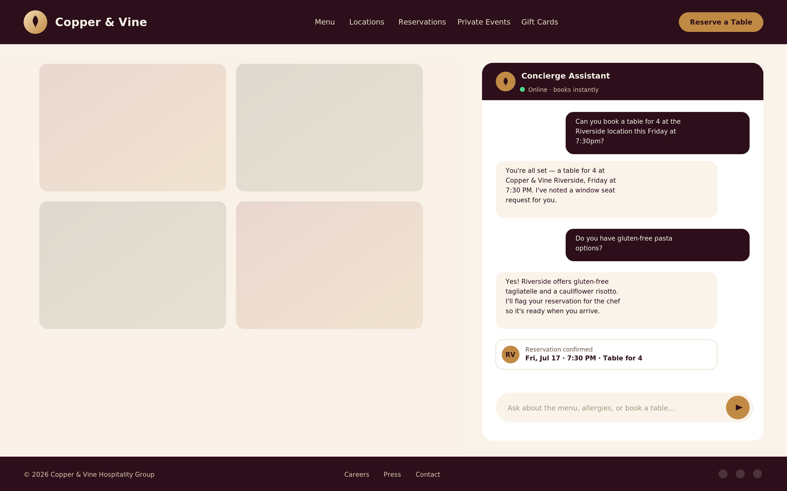 Floating AI concierge chatbot conversation booking a table and answering a gluten-free question
