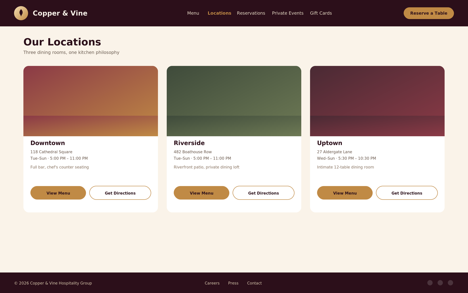 Locations page showing Downtown, Riverside, and Uptown dining rooms with hours and details