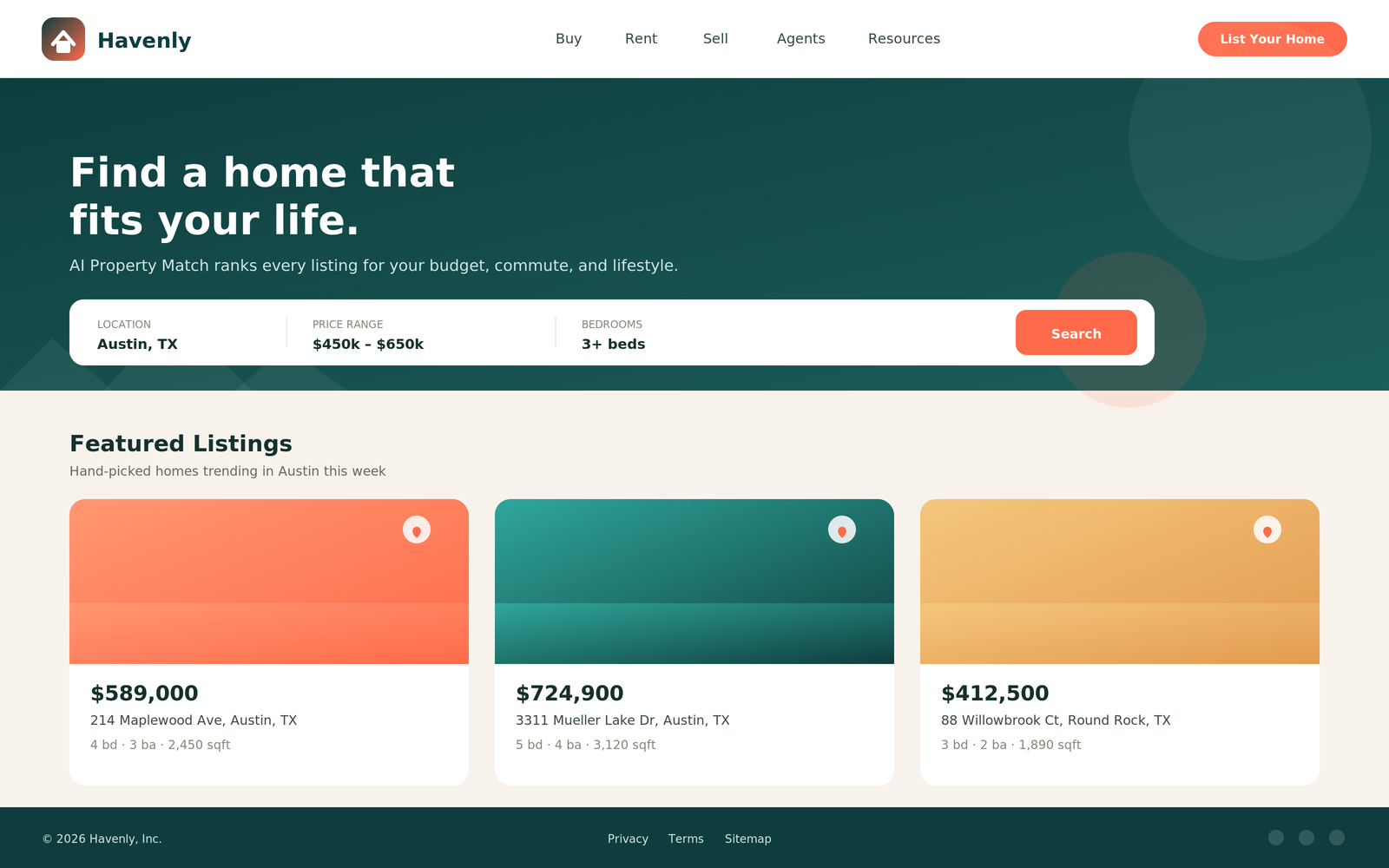 Havenly homepage hero with location/price/bed search bar and featured listing cards