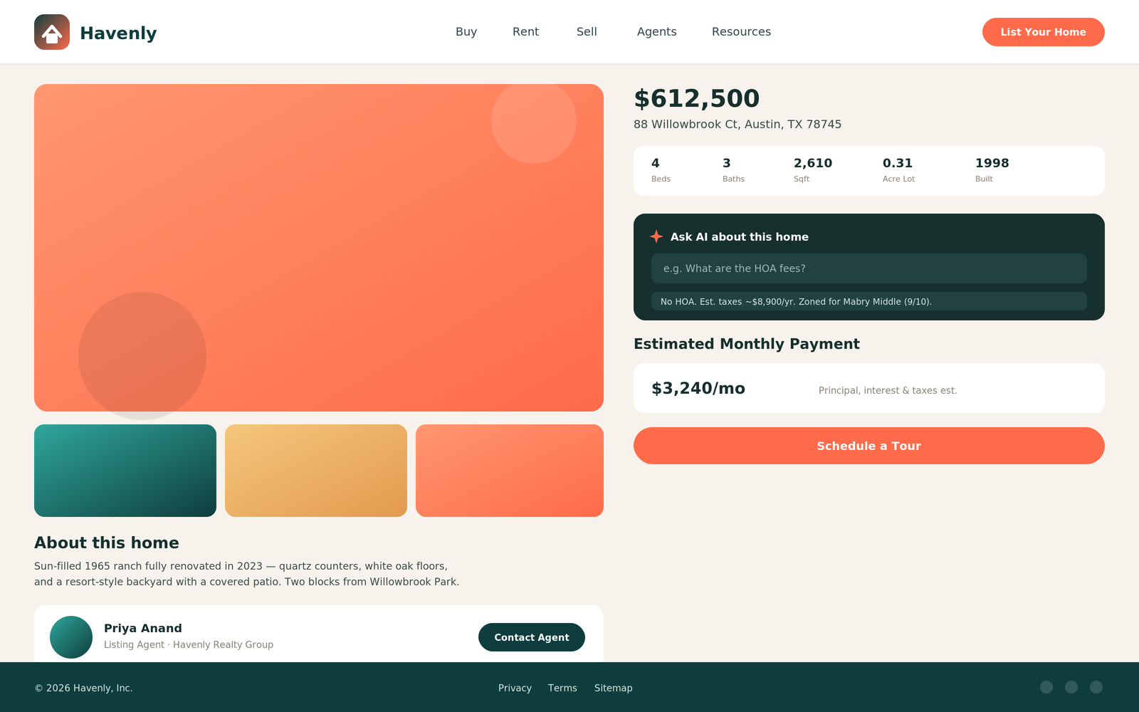 Property detail page with photo gallery, specs, and an Ask AI about this home panel