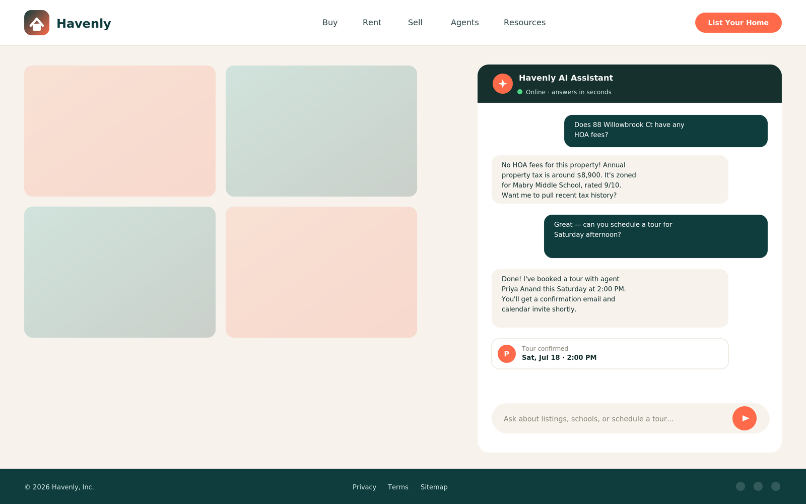 Floating AI chat assistant conversation booking a tour and answering an HOA question