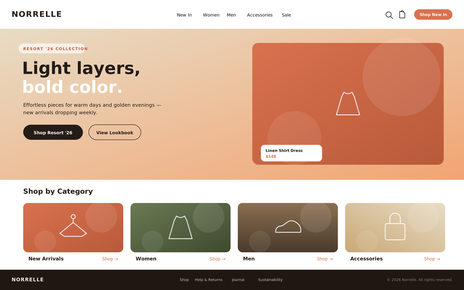 Norrelle homepage hero featuring the Resort '26 seasonal campaign banner and shop-by-category grid