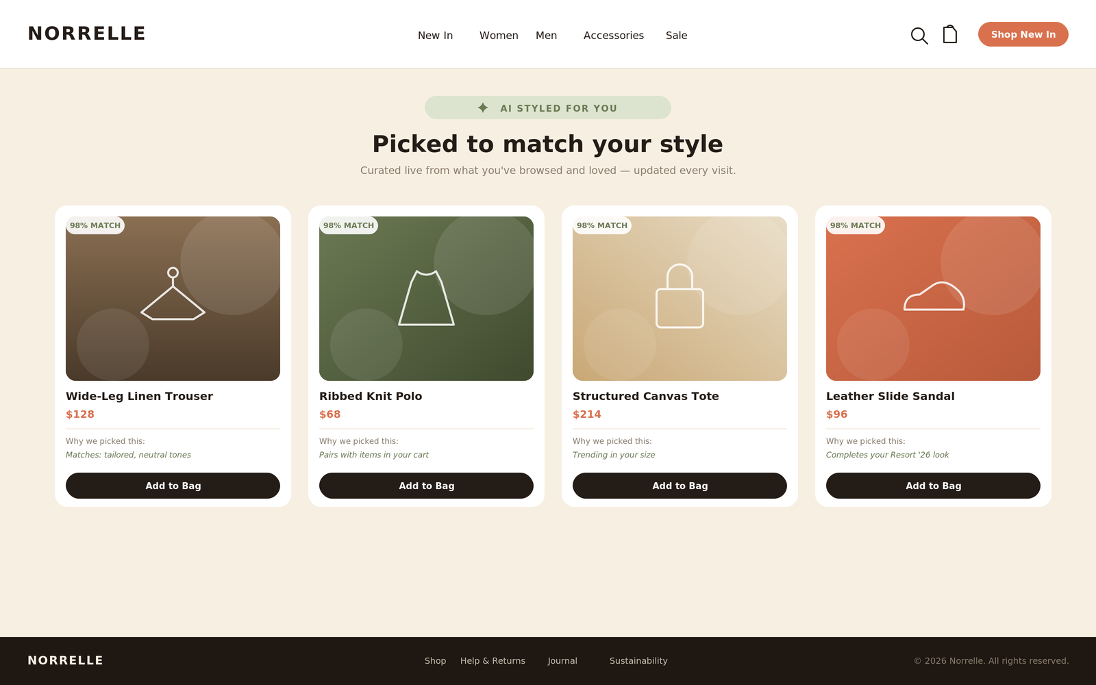 AI Styled For You personalized recommendation section with a four-item product grid and match badges