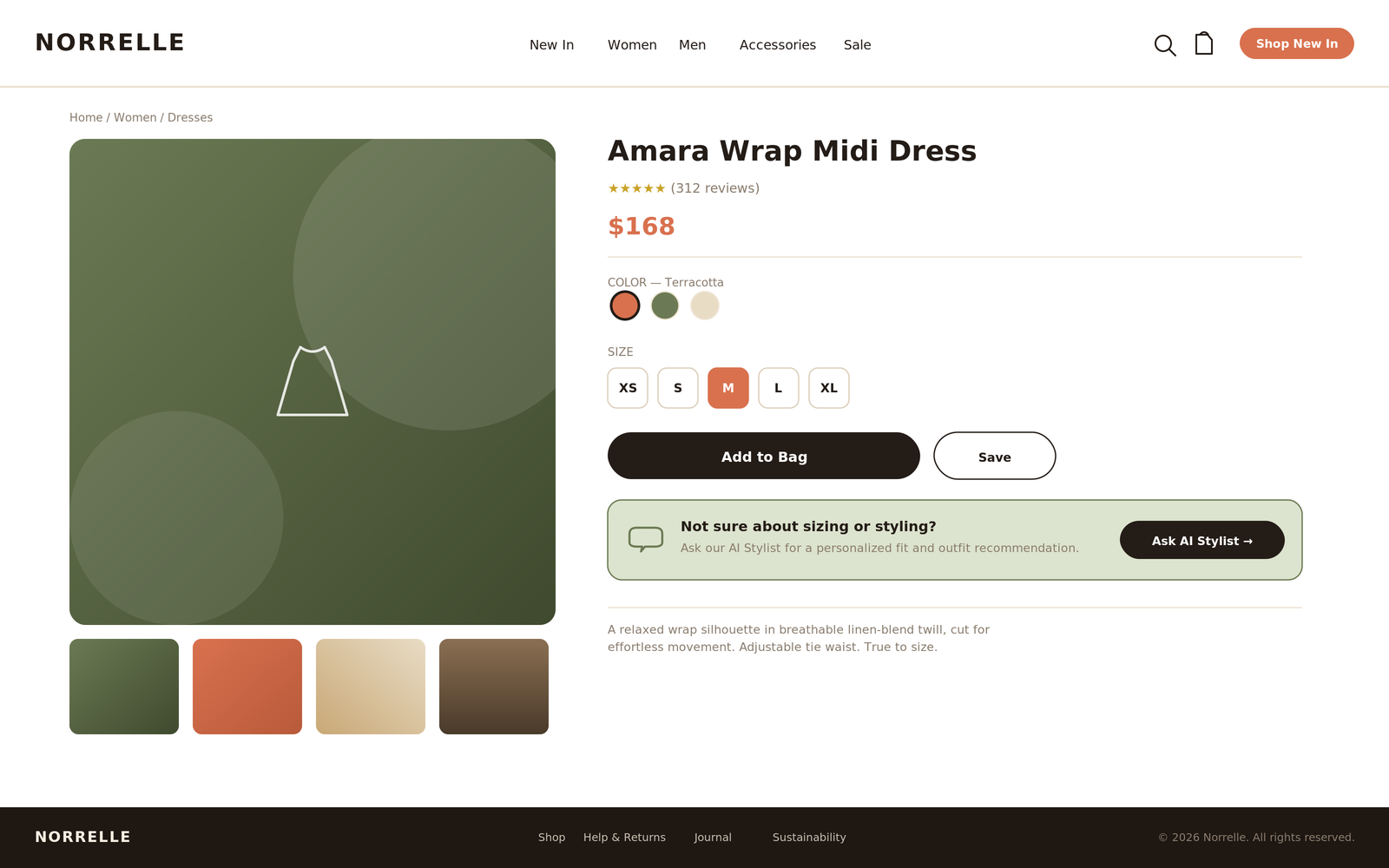 Product detail page for the Amara Wrap Midi Dress with size selector and an Ask AI Stylist callout