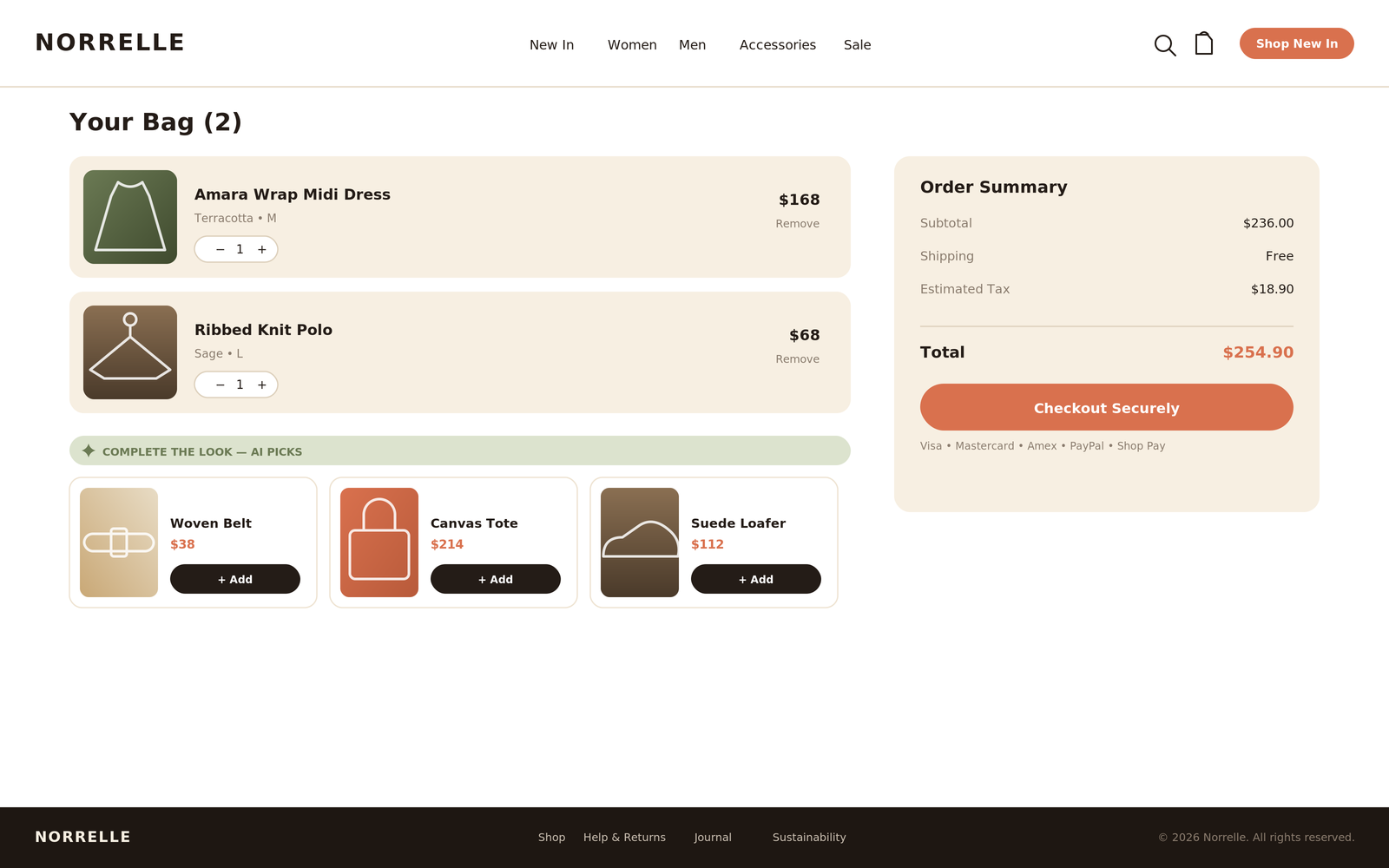 Cart and checkout page with order summary and an AI-curated Complete the Look upsell row
