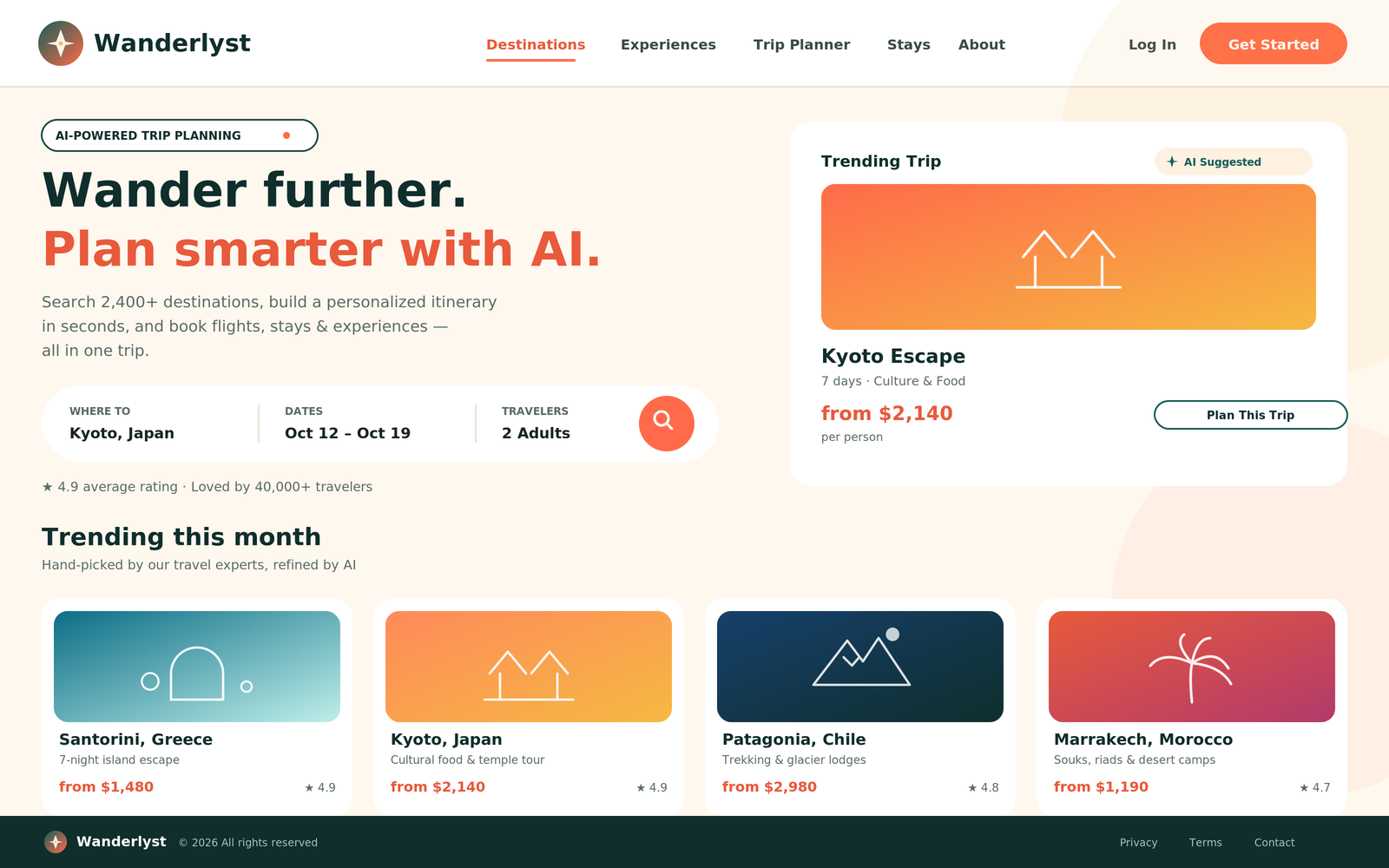 Wanderlyst homepage hero with destination search bar and AI-suggested trending trip card