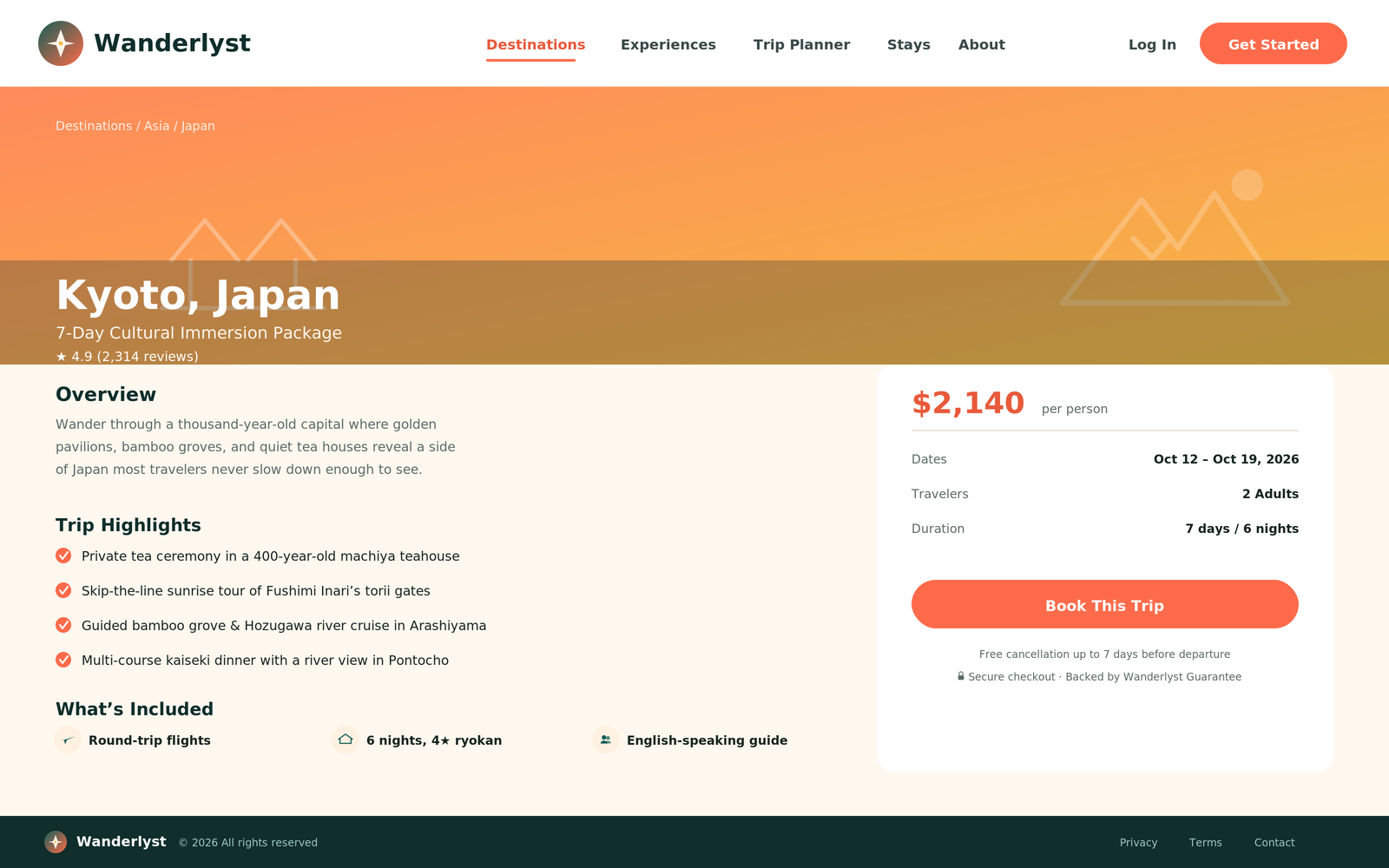 Kyoto destination detail page with trip highlights, inclusions, and a booking summary card