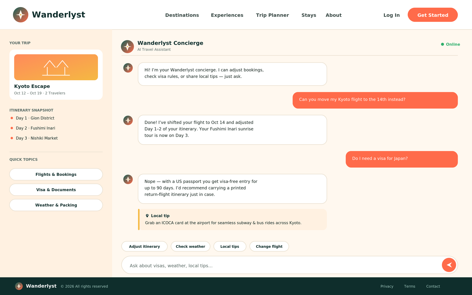 Wanderlyst Concierge chat rescheduling a flight and answering a visa question with a local tip card