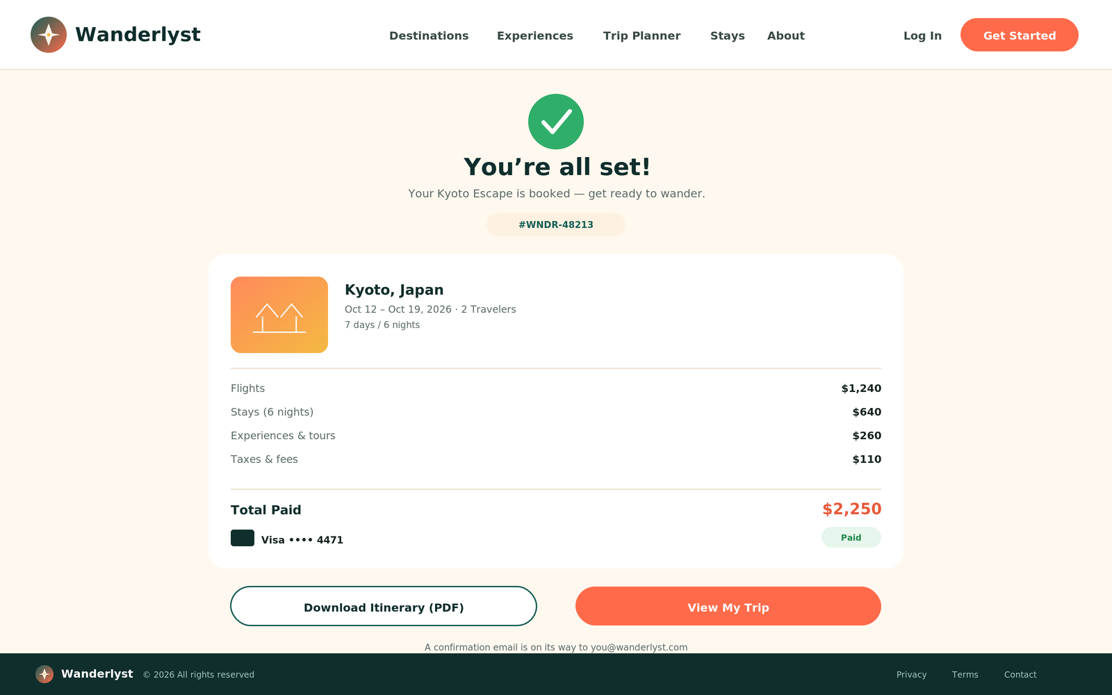 Booking confirmation screen with trip summary, cost breakdown, and total paid