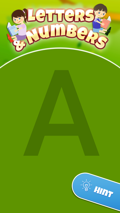 Tracing screen showing a large outlined letter A as the play surface with a Hint button in the corner.