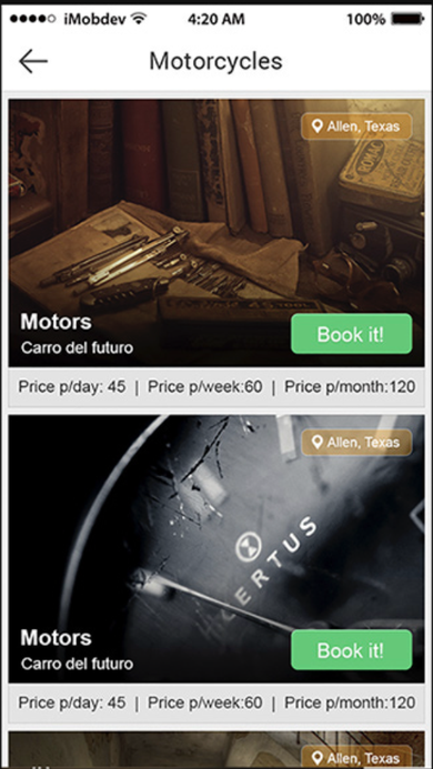 Motorcycles category listing showing item photos, location, and Book It pricing per day, week, and month.