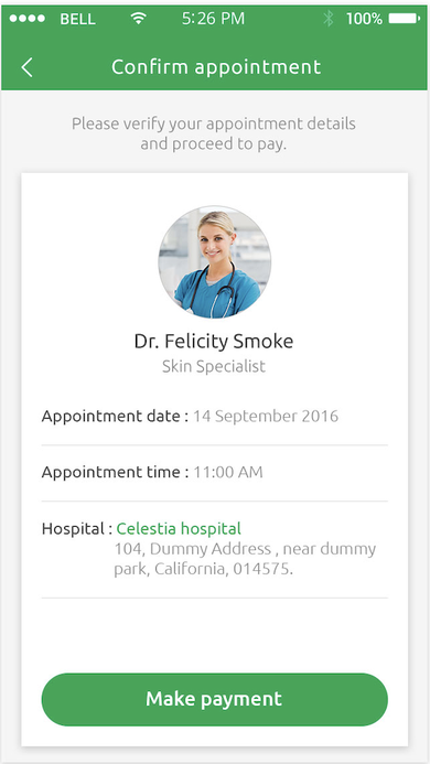 Confirm Appointment screen showing the assigned doctor's photo, specialty, appointment date and time, hospital address, and a Make Payment button.