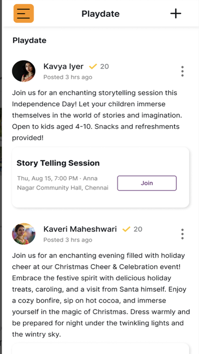 Playdate tab listing storytelling and holiday celebration posts with Join buttons and event details.