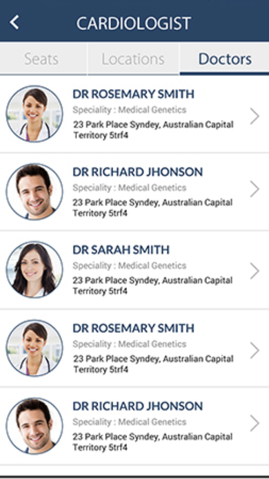Cardiologist Doctors tab listing physicians with photos, specialties, and locations.