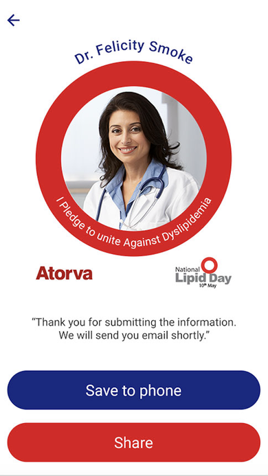 Final pledge badge screen with the physician's photo inside the red ring, the pledge statement, and Save to phone and Share buttons.