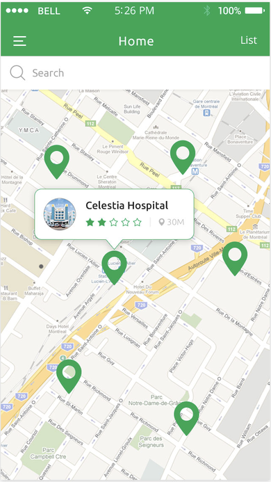 Home map screen with search bar, multiple hospital pins, and a popup card showing Celestia Hospital's rating and distance.