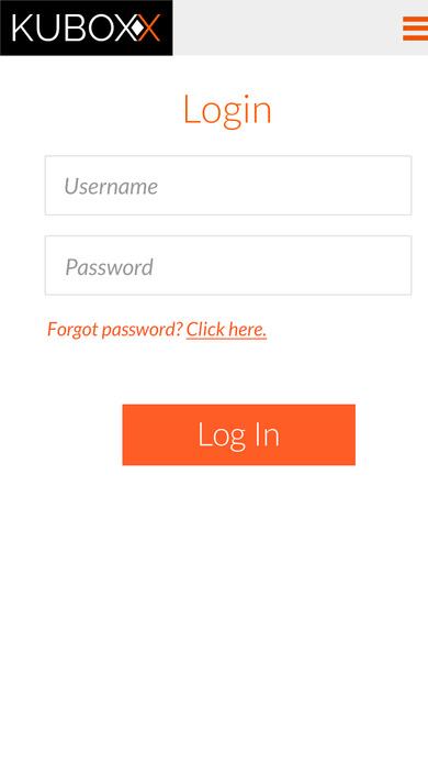 Login screen with username and password fields, forgot-password link, and the primary orange Log In button.