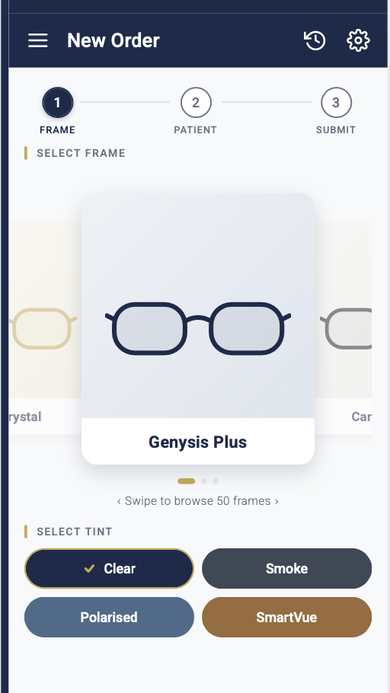 New Order Frame selection step showing a swipeable frame browser, the Genysis Plus frame, and tint options Clear, Smoke, Polarised, and SmartVue.