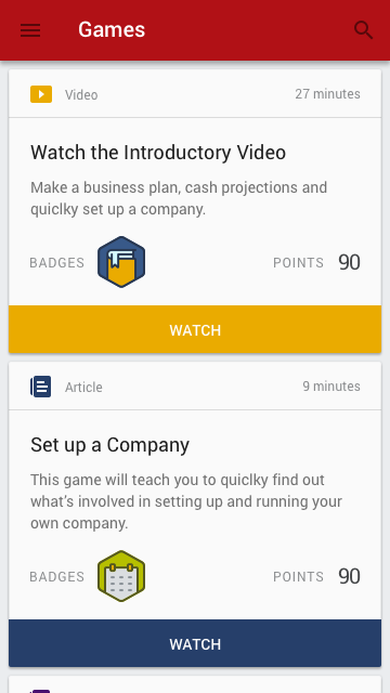 Games list showing video, article, and quiz activities each with a badge icon, points value, and action button.