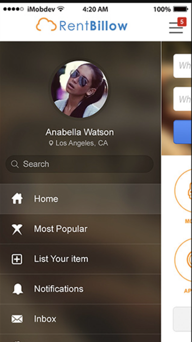 Slide-out navigation drawer with user profile, search bar, and menu links for Home, Most Popular, List Your Item, Notifications, and Inbox.