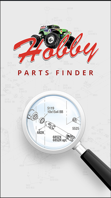 Splash screen with the Hobby Parts Finder logo, a monster truck mark, and a magnifying glass over an exploded parts diagram.