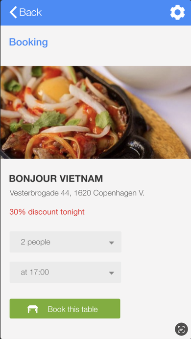 Booking screen for Bonjour Vietnam with party size and time selectors and a Book This Table button.