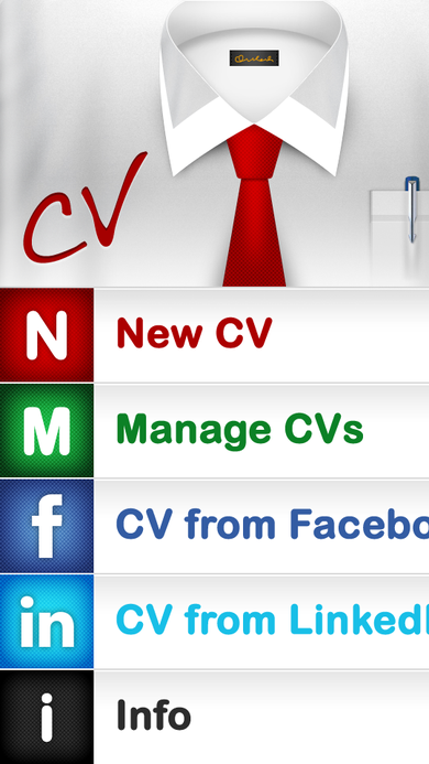 SeeWee home menu with the shirt-and-tie logo and New CV, Manage CVs, CV from Facebook, CV from LinkedIn, and Info options.