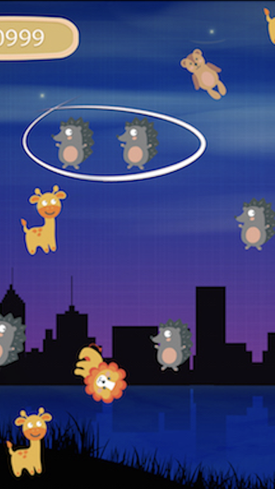 Animals mode gameplay with hedgehogs, giraffes, and lions falling over a twilight city skyline.