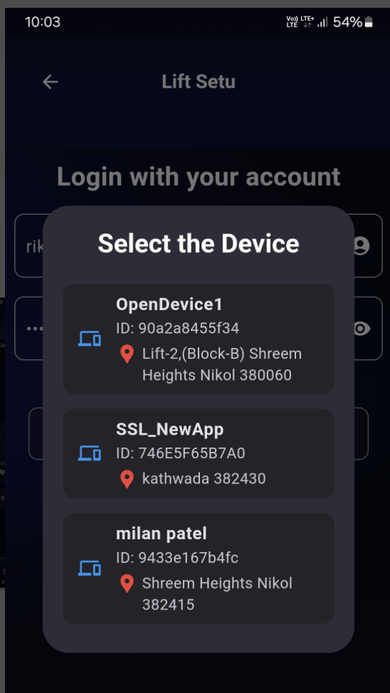Select the Device screen listing multiple lifts by name, device ID, and site address.