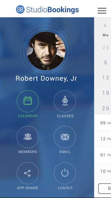 Member profile screen with photo, name, and a circular icon menu for Calendar, Classes, Members, Email, App Share, and Logout.