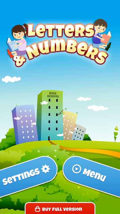 Home screen with the Letters & Numbers logo, an illustrated skyline and hillside, and Settings and Menu buttons.