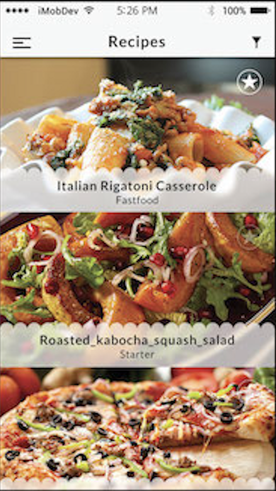 Recipes home feed showing a scrollable list of dishes with photos, names, and food-type labels.