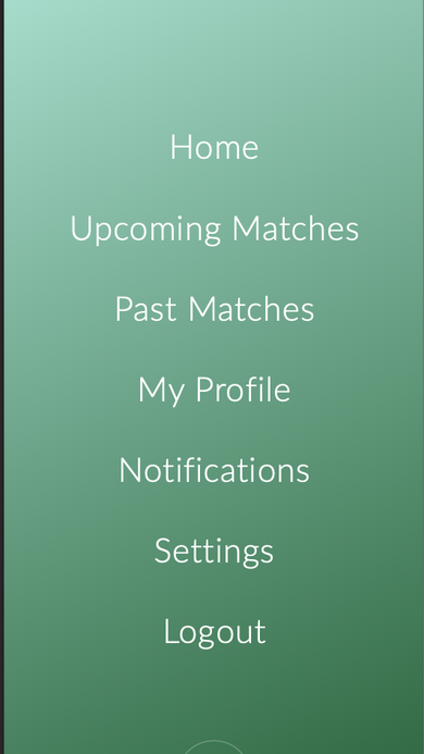 Slide-out navigation menu with Home, Upcoming Matches, Past Matches, My Profile, Notifications, Settings, and Logout.