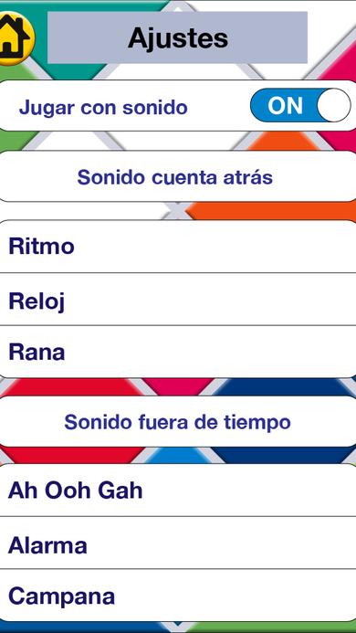 Ajustes settings screen with sound toggles and selectable countdown and end-of-round sound options.