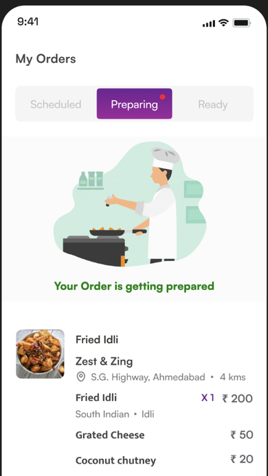My Orders screen showing the Preparing tab with a status illustration and the Fried Idli order summary.