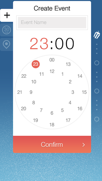 Create Event time picker with a circular dial set to 23:00 and an event name field.