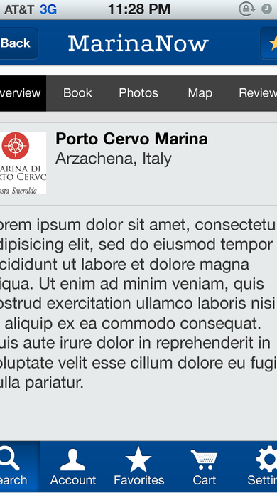 Marina profile Overview tab showing Porto Cervo Marina's name, location, logo, and description with tab navigation for Book, Photos, Map, and Reviews.