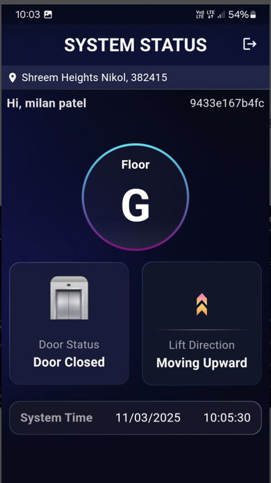System Status screen showing a live floor indicator, door status, and lift direction for a monitored elevator.