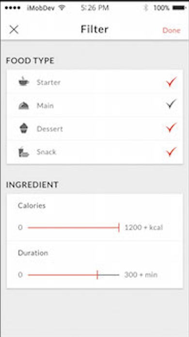 Filter screen with food type checkboxes and calorie and duration range sliders.