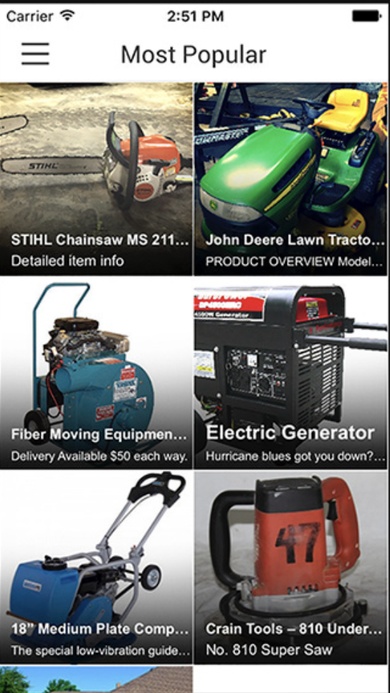 Most Popular grid showing trending rentals including a chainsaw, lawn tractor, generator, and power tools.