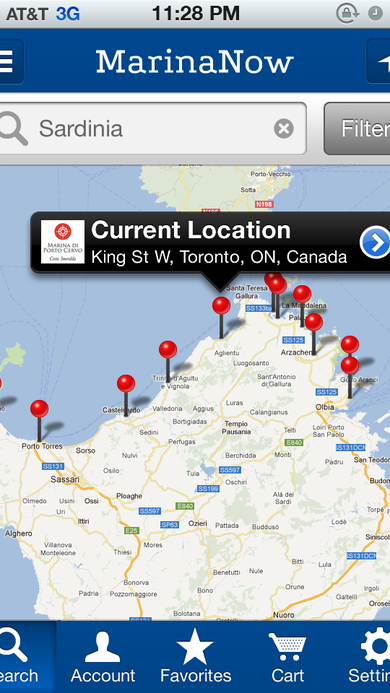 Map search results showing marina pin locations along a coastline with a current-location callout and bottom tab navigation.