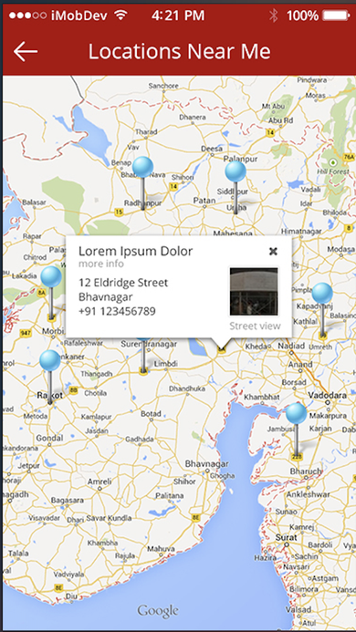 Locations Near Me map view with pinned nearby stores and a detail card showing address, phone, and street view.