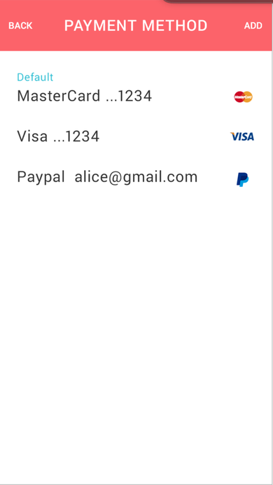 Payment Method screen listing a default MasterCard, a Visa card, and a linked PayPal account with an Add option.