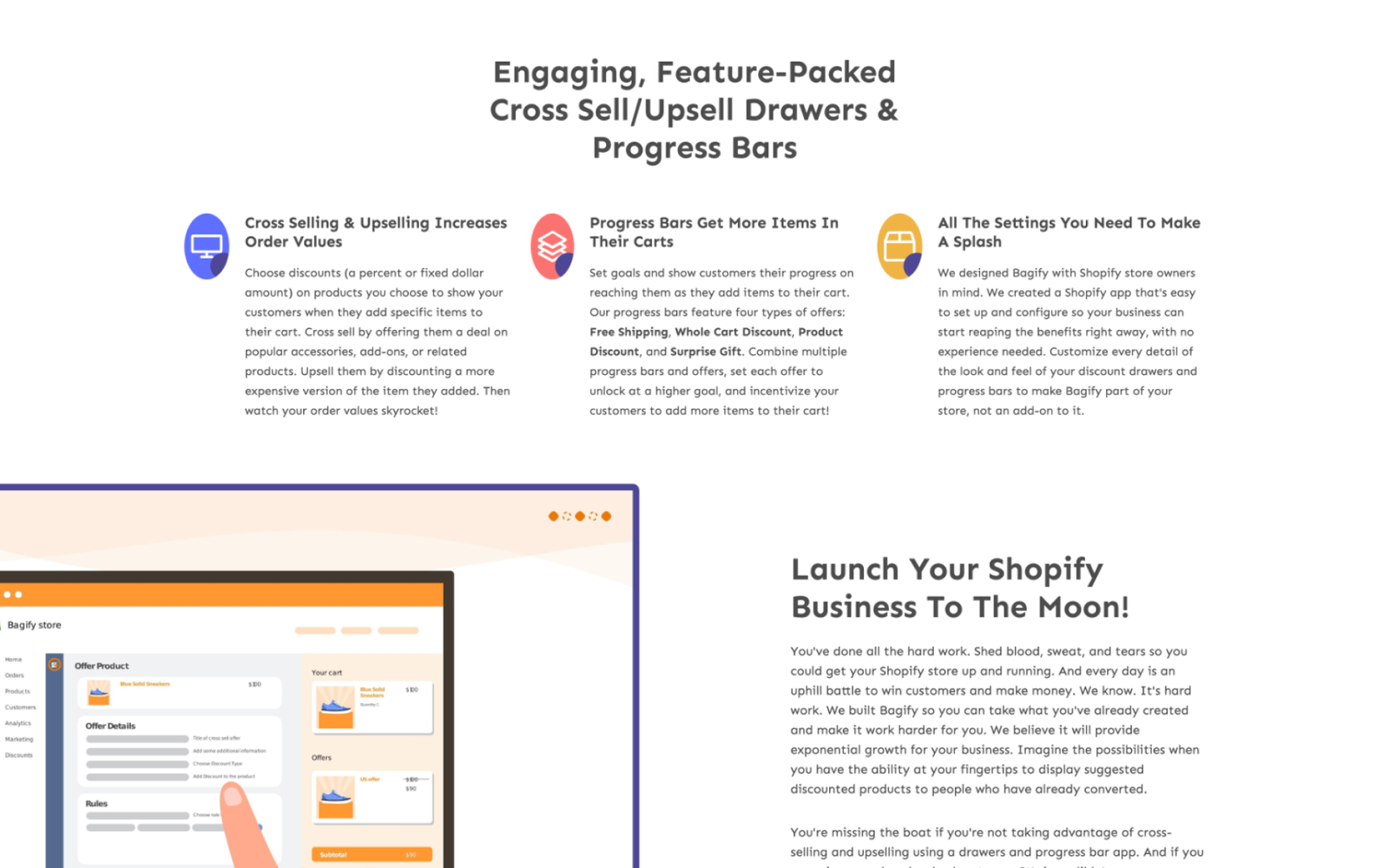 Features section headlined 'Engaging, Feature-Packed Cross Sell/Upsell Drawers & Progress Bars' with three icon cards covering cross-selling, progress bar offers, and app configuration, plus a peek of the cart drawer app screenshot below.