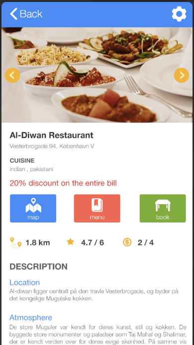 Al-Diwan Restaurant detail page with photo carousel, cuisine tags, discount banner, and map/menu/book buttons.