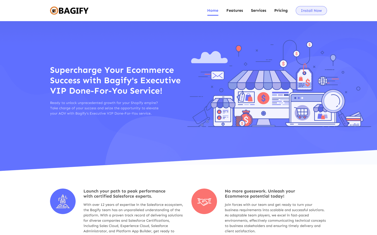Executive VIP Done-For-You service page hero with a shopping and revenue-themed illustration and supporting copy about Salesforce-certified expertise.